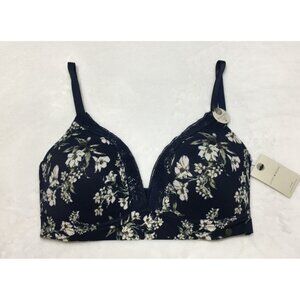 New Lucky Brand Wire Free Bra 34C Navy Blue Floral Lightly Padded Style LVD17553